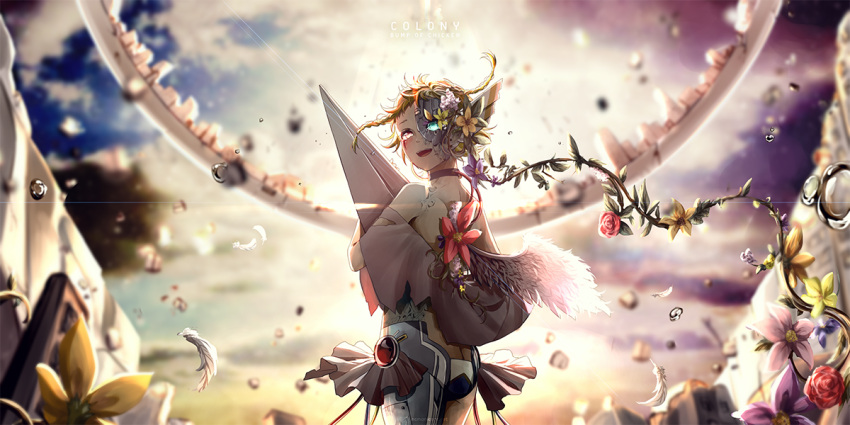 1girl, blonde_hair, braid, bump_of_chicken, commentary_request, flower, green_eyes, heterochromia