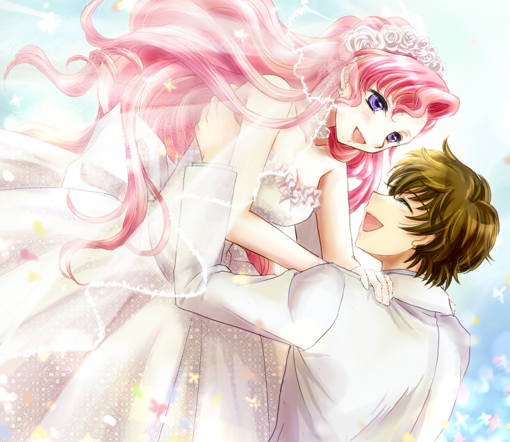 1girl, bridal_veil, bride, brown_hair, code_geass, couple, dress, euphemia_li_britannia