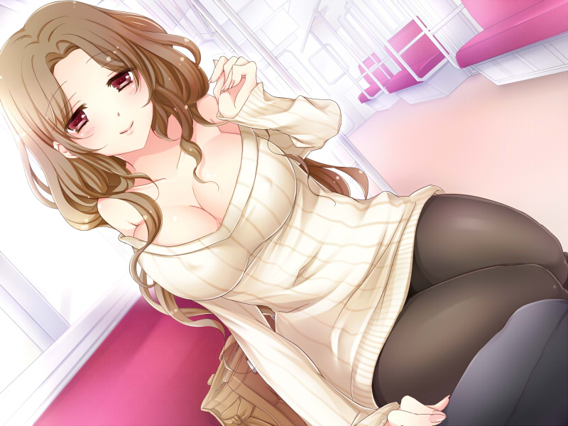1boy, 1girl, bag, black_legwear, blush, breasts, brown_hair, cleavage, covered_nipples, hakuou_(levi77), handbag, large_breasts, long_hair, looking_at_viewer, original, pantyhose, red_eyes, ribbed_sweater, sitting, smile, sweater, train