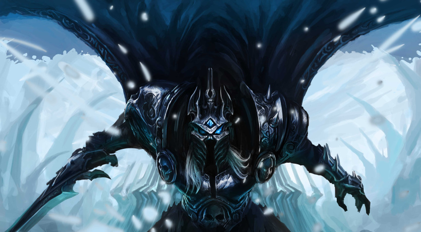 1boy, absurdres, armor, arthas_menethil, blue_eyes, burning_eyes, chenbo, crown