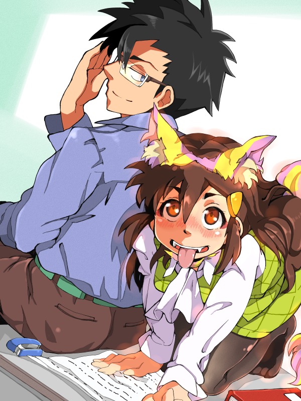 1boy, 1girl, all_fours, animal_ears, black_hair, blue_eyes, blush, brown_eyes, brown_hair, dog_ears, extra_ears, fangs, glasses, hair_ornament, hairclip, inukai_kageyuki, kuryuu_kazura, long_hair, office_lady, pantyhose, wanko_ni_kuchizuke, yucopi