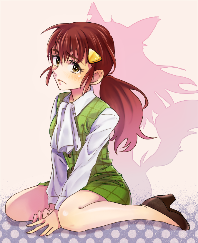 1girl, animal_ears, brown_eyes, brown_hair, different_shadow, hair_ornament, hairclip, kasasagi_(petarpan), kuryuu_kazura, long_hair, office_lady, ponytail, sitting, solo, tail, wanko_ni_kuchizuke, wariza