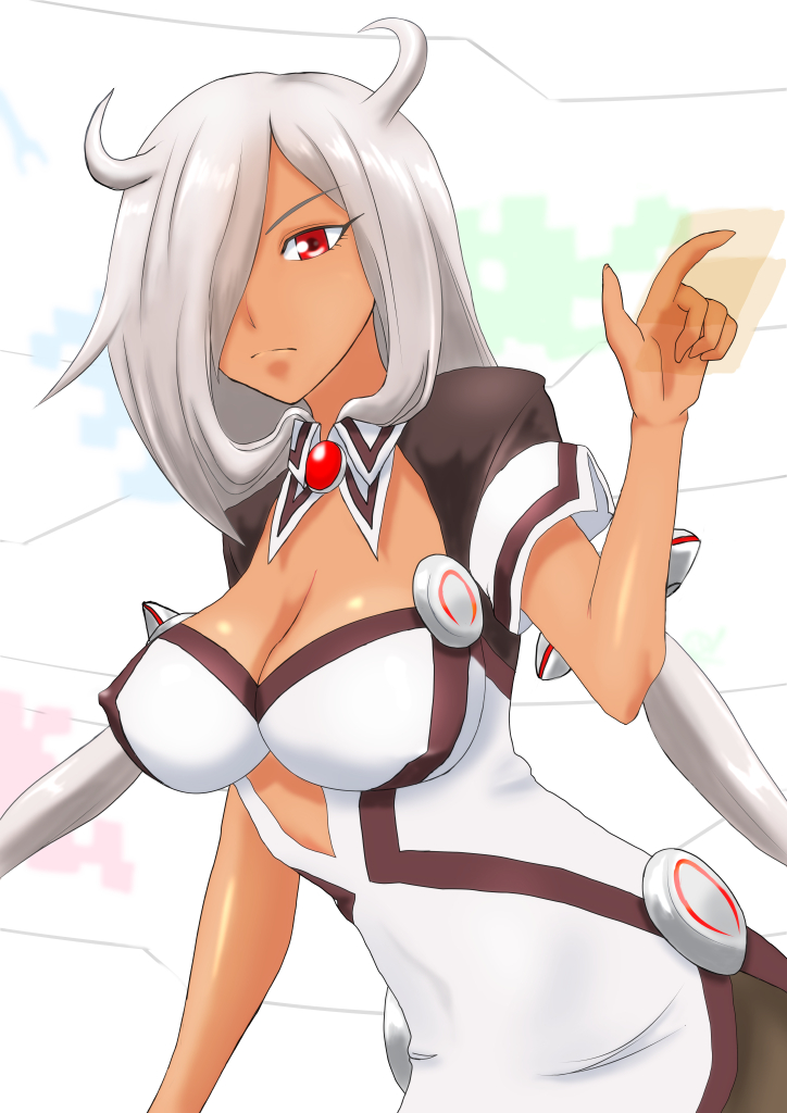 commentary_request, dark_skin, hacka_doll, hacka_doll_0, red_eyes