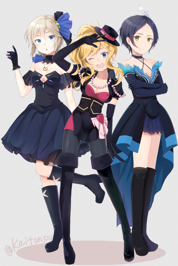 3girls, anastasia_(idolmaster), black_hair, blonde_hair, blue_eyes, boots, breasts, elbow_gloves