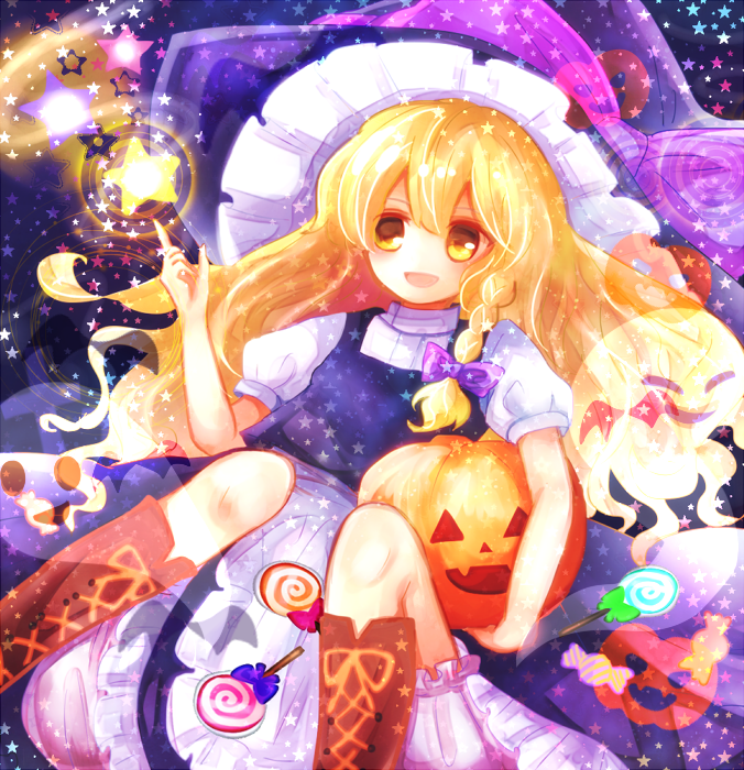 1girl, blonde_hair, boots, bow, braid, candy, ghost_tail, halloween