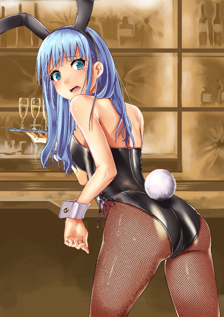 1girl, animal_ears, blue_eyes, blue_hair, bunny_tail, bunnysuit, cup, detached_collar