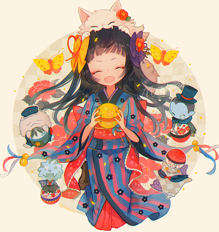 1girl, 4boys, ^_^, animal_on_head, ball, bangs, biting, black_hair, blunt_bangs, bow, butterfly, cat, cat_on_head, character_name, closed_eyes, deyura_deyura, fang, fangs, flower, gashi-gashi_(show_by_rock!!), hair_bow, hair_flower, hair_ornament, happy_birthday, hat, head_biting, holding_ball, japanese_clothes, kimono, long_hair, mari_mari, mon_mon_(show_by_rock!!), monocle, multiple_boys, obi, pechika, sash, show_by_rock!!, top_hat, tsugihagi_(show_by_rock!!), twitter_username