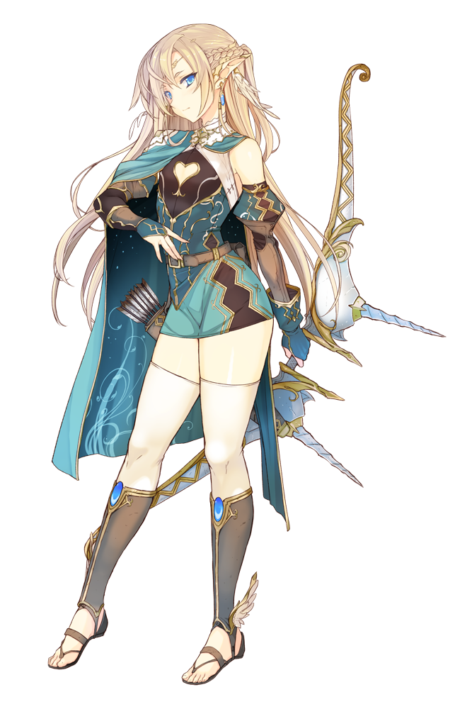 1girl, arrow, belt, blonde_hair, blue_eyes, bow_(weapon), braid, cloak