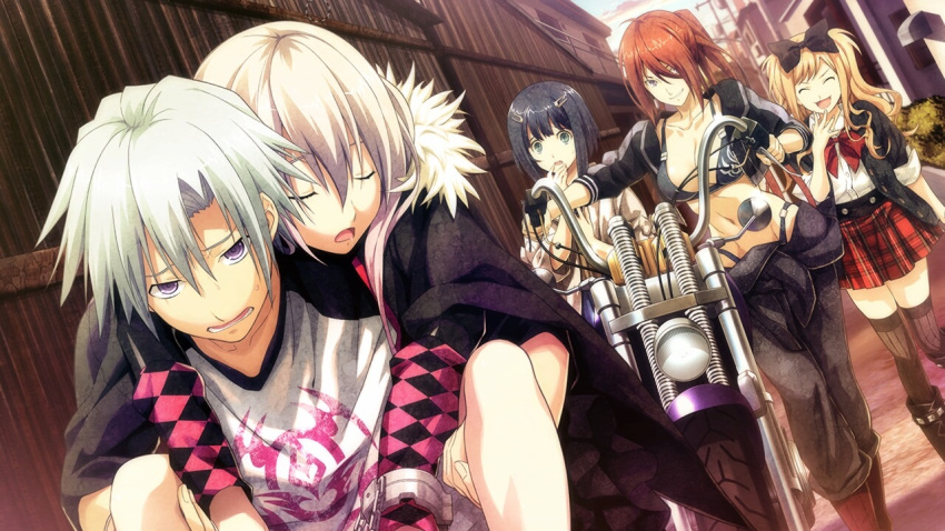 1boy, 4girls, annoyed, aqua_eyes, argyle, arm_warmers, ayumi_(disorder_6), bikini_top