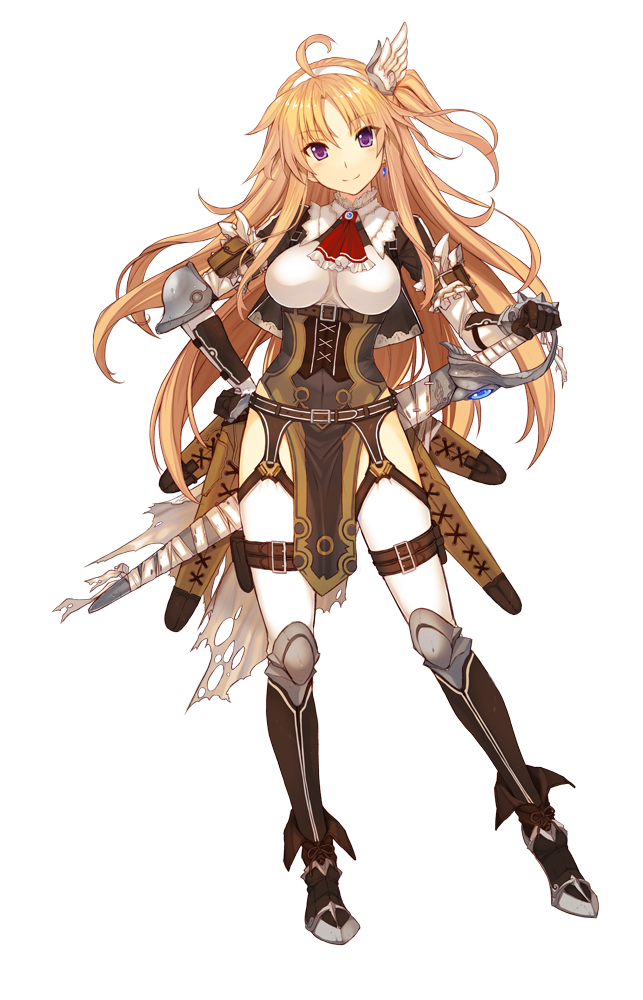1girl, blonde_hair, boots, breasts, dress, gloves, hairband, hand_on_hip