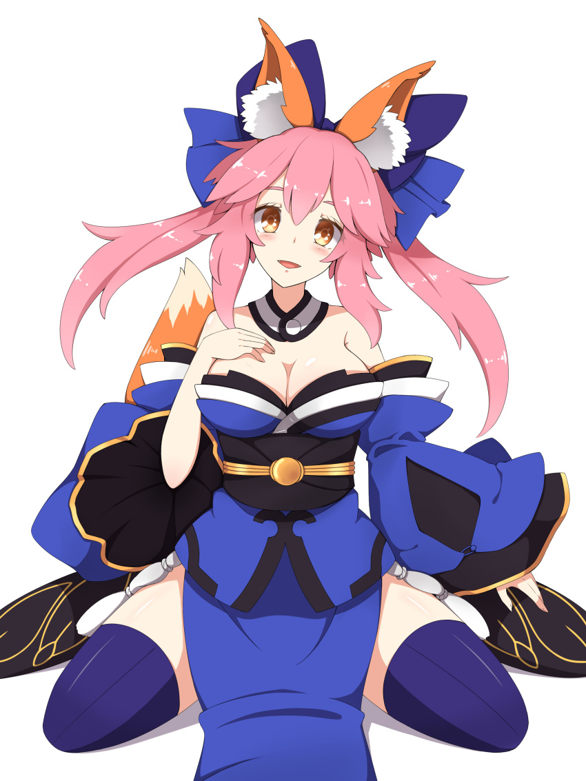 1girl, :d, absurdres, animal_ears, bare_shoulders, breasts, cleavage, commentary_request