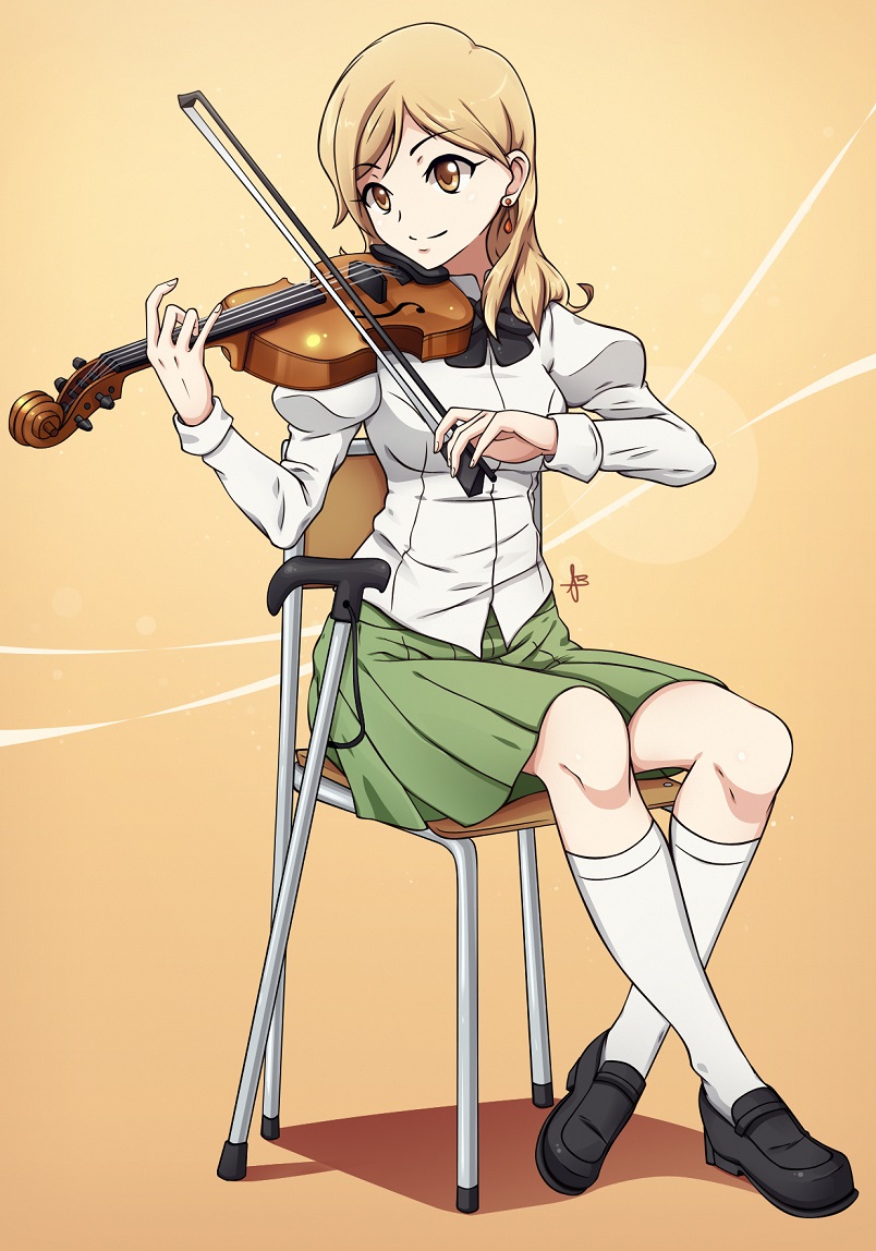 1girl, blonde_hair, bow_(instrument), brown_eyes, cane, chair, crossed_legs, earrings