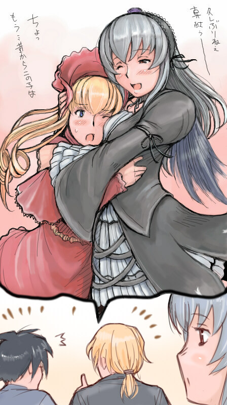blonde_hair, blue_eyes, enju, hug, long_hair, rozen_maiden, rozenweapon, sakurada_jun