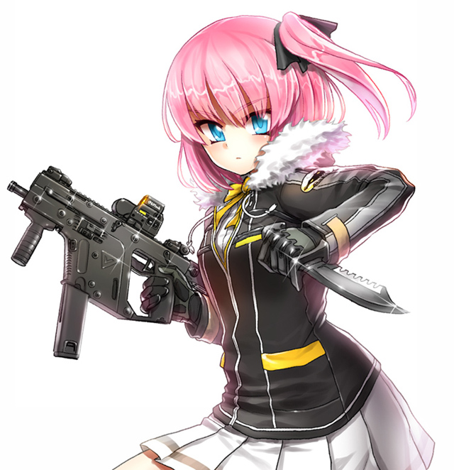 1girl, aqua_eyes, closers, eotech, gloves, gun, knife, kriss_super_v, kws, pink_hair, ribbon, school_uniform, seulbi_lee, side_ponytail, simple_background, solo, submachine_gun, trigger_discipline, vertical_foregrip, weapon