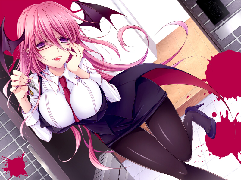1girl, breasts, demon_girl, glasses, hakuou_(levi77), head_wings, long_hair, looking_at_viewer, original, pantyhose, pink_hair, smile, solo, succubus, violet_eyes, yandere