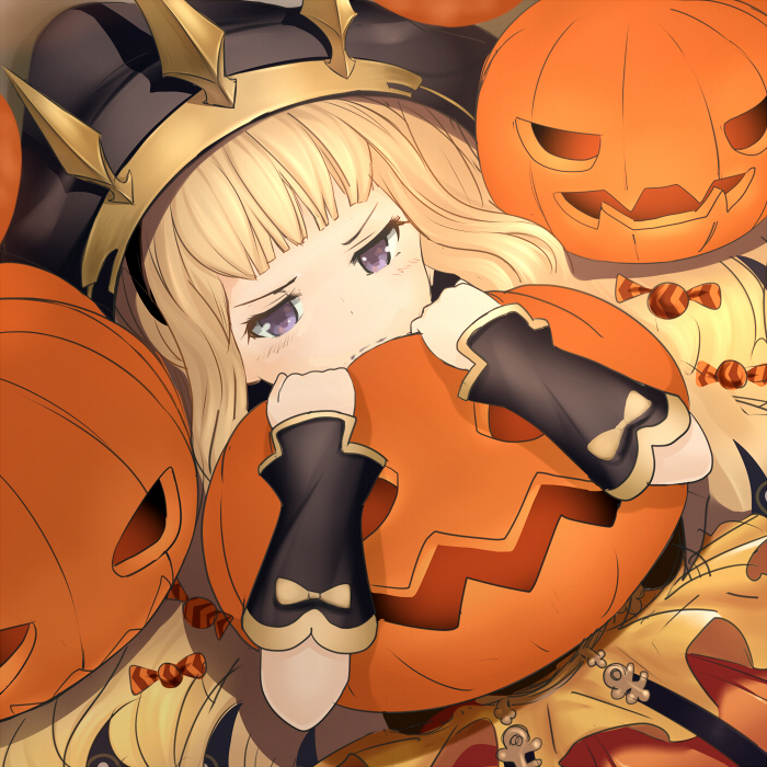 1girl, blonde_hair, blue_eyes, blush, cagliostro_(granblue_fantasy), candy, crown, frown