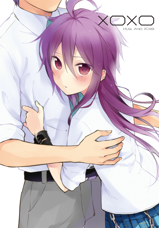 1boy, 1girl, blush, girlfriend_(kari), hijiki_(hijikini), hug, long_hair, shinonome_rei, tagme