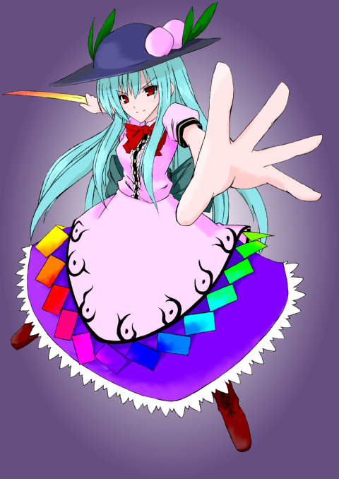 food, foreshortening, fruit, hat, hinanawi_tenshi, kaden, long_hair, long_skirt