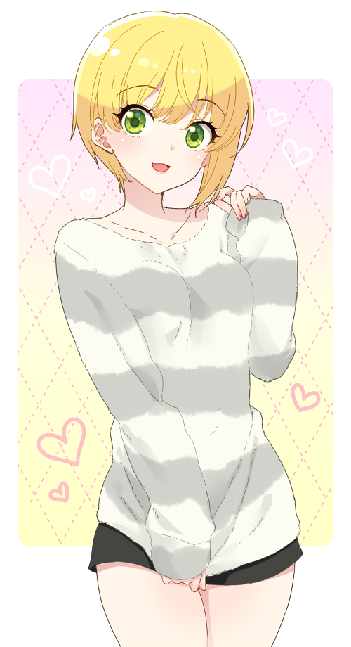 1girl, blonde_hair, blush, green_eyes, heart, idolmaster, idolmaster_cinderella_girls, long_sleeves, looking_at_viewer, miyamoto_frederica, mochiya_marosuke, open_mouth, short_hair, smile, solo, sweater