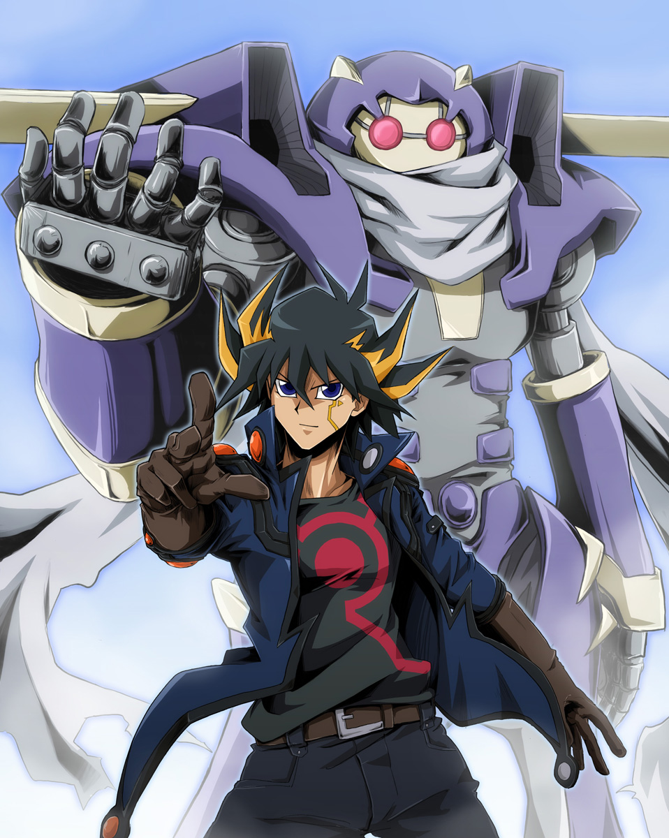 1boy, belt, black_hair, blonde_hair, blue_eyes, duel_monster, facial_tattoo, fudou_yuusei, gloves, highres, jacket, junk_warrior, multicolored_hair, pants, robot, scarf, tansan_otoko, tattoo, yuu-gi-ou, yuu-gi-ou_5d's