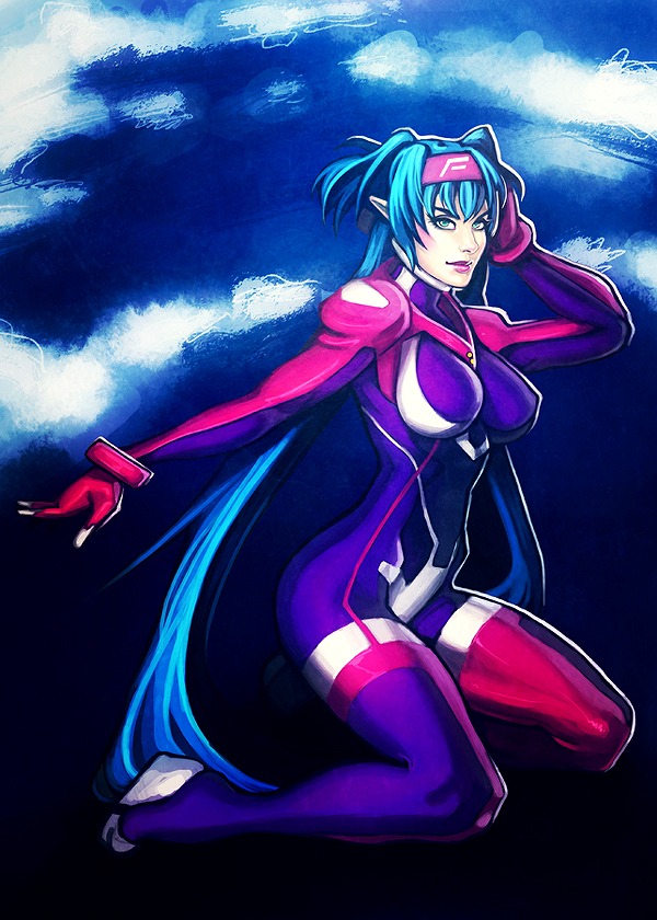 1girl, blue_eyes, blue_hair, bodysuit, crystal_graziano, full_body, hairband, high_heels