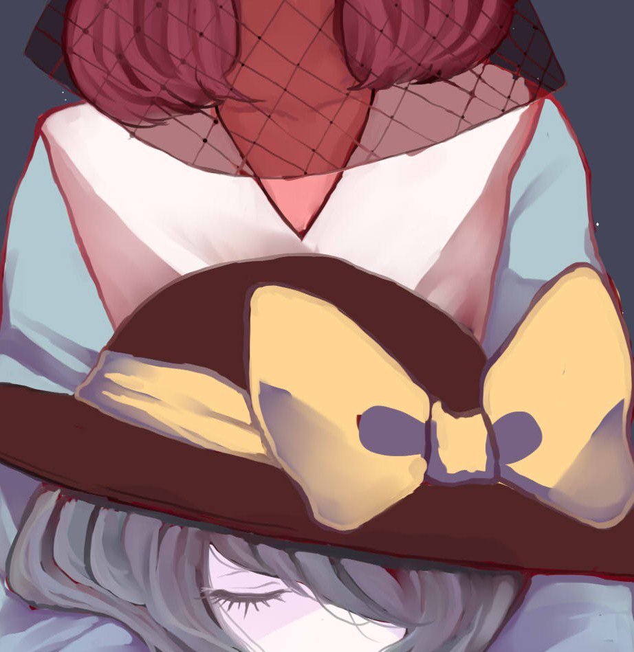 2girls, blouse, blue_background, blue_shirt, bow, closed_eyes, commentary_request, death