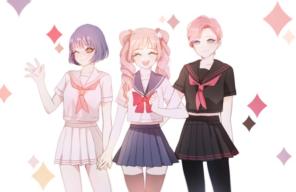 3girls, blonde_hair, blue_hair, brown_hair, closed_eyes, drill_hair, flower, hair_flower, hair_ornament, hiyun_(heiyoon07), holding_hands, interlocked_arms, multiple_girls, one_eye_closed, open_mouth, original, pantyhose, pleated_skirt, ribbon, round_teeth, school_uniform, serafuku, short_hair, skirt, smile, teeth, thigh-highs, twin_drills