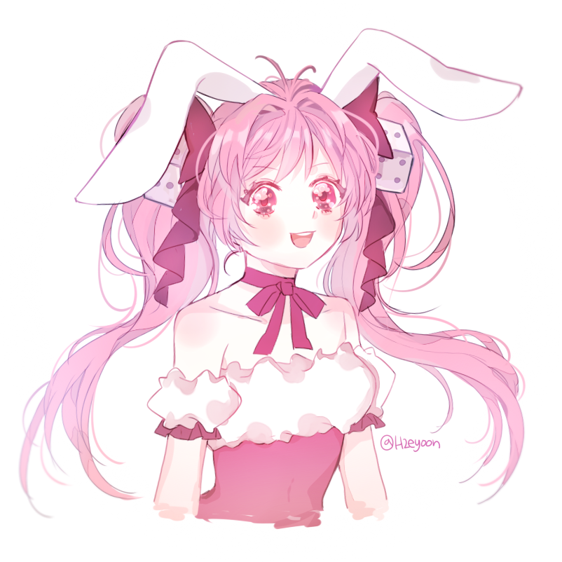 1girl, animal_ears, bare_shoulders, choker, di_gi_charat, dice, dice_hair_ornament, hiyun_(heiyoon07), open_mouth, pink_eyes, pink_hair, rabbit_ears, ribbon, round_teeth, smile, solo, teeth, twitter_username, upper_body, usada_hikaru
