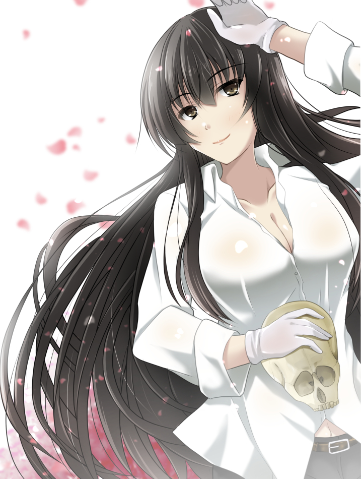 1girl, belt, black_hair, breasts, cleavage, collarbone, collared_shirt, cowboy_shot