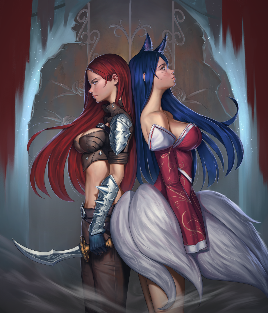 2girls, ahri, animal_ears, bare_shoulders, blade, blue_hair, breasts, brown_eyes