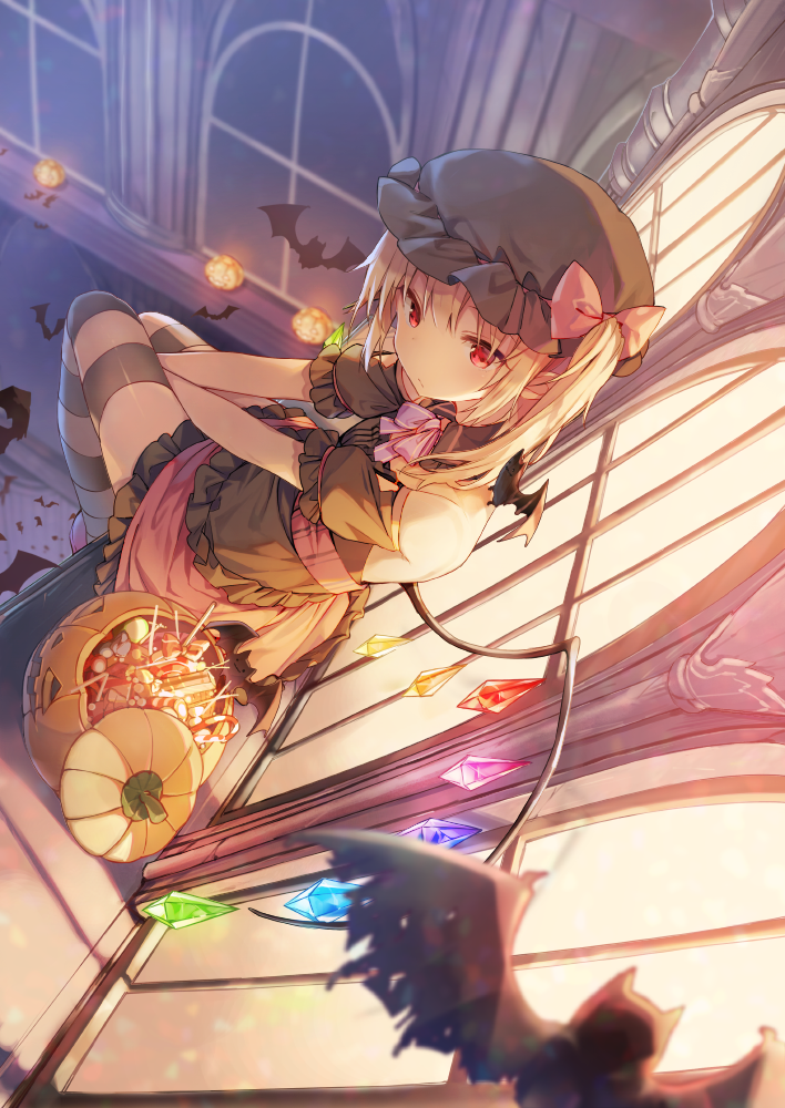 1girl, alternate_color, bare_shoulders, bat, blonde_hair, candy, flandre_scarlet, hat