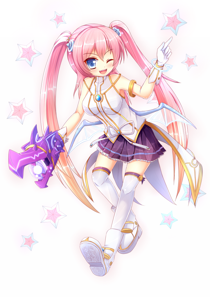 1girl, angelic_buster, blue_eyes, gloves, kane-neko, long_hair, maplestory, one_eye_closed