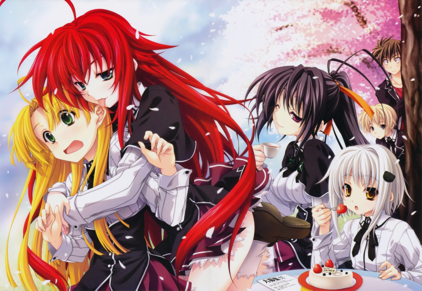 4girls, asia_argento, black_hair, blonde_hair, green_eyes, hair_ribbon, high_school_dxd, himejima_akeno