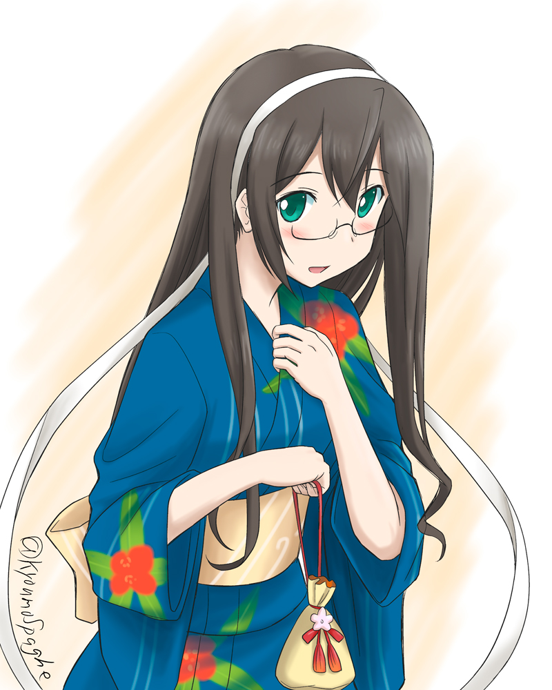 1girl, :d, aqua_eyes, black_hair, hairband, japanese_clothes, kantai_collection, kimono