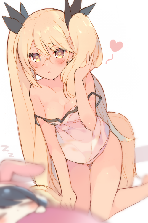 2girls, animal_ears, bangs, bare_shoulders, barefoot, blonde_hair, blush, breasts, cleavage, cyan_(show_by_rock!!), d:, dog_tail, fake_animal_ears, glasses, hair_ornament, hand_in_hair, heart, heart-shaped_pupils, holding_hands, kneeling, leaning_forward, long_hair, mayachi_(amuriya), multiple_girls, open_mouth, rabbit_ears, retoree, round_glasses, show_by_rock!!, sleeveless, solo_focus, strap_slip, symbol-shaped_pupils, tail, tan, twintails, very_long_hair, white_background, yellow_eyes, zzz