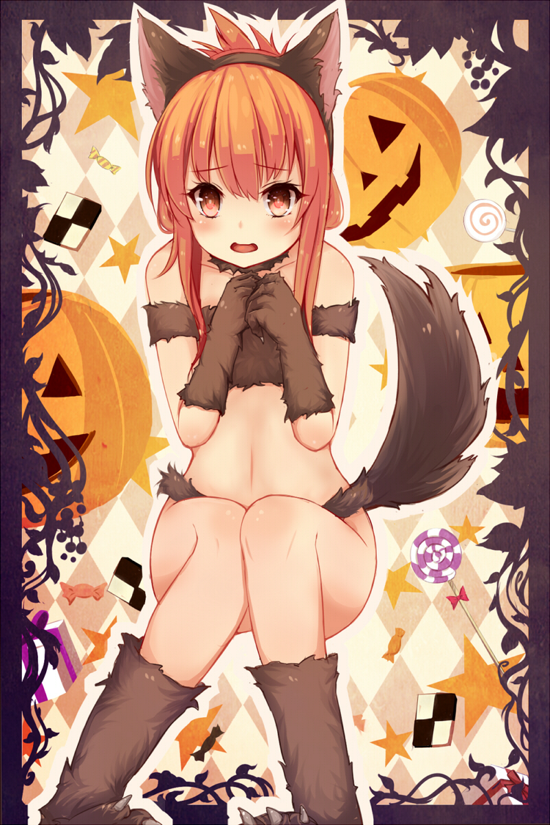 animal_ears, bare_shoulders, blush, boots, brown_eyes, brown_hair, fake_animal_ears, folded_ponytail