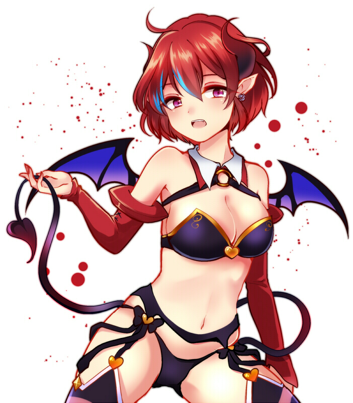 1girl, bare_shoulders, bikini, breasts, cleavage, demon_girl, demon_horns, demon_tail