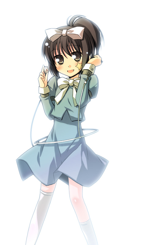 handcuffs, kunihiro_hajime, plastic_eraser, saki, simple_background, solo, thigh-highs, thighhighs