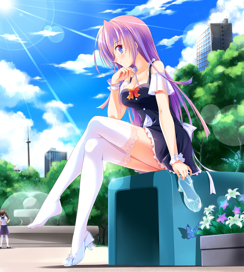 2girls, bangs, blue_eyes, blue_skirt, blue_sky, blurry, blush, bokeh