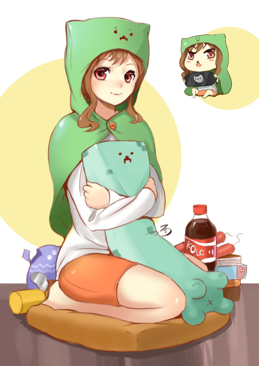 1girl, absurdres, brown_hair, creeper, highres, looking_at_viewer, minecraft, red_eyes