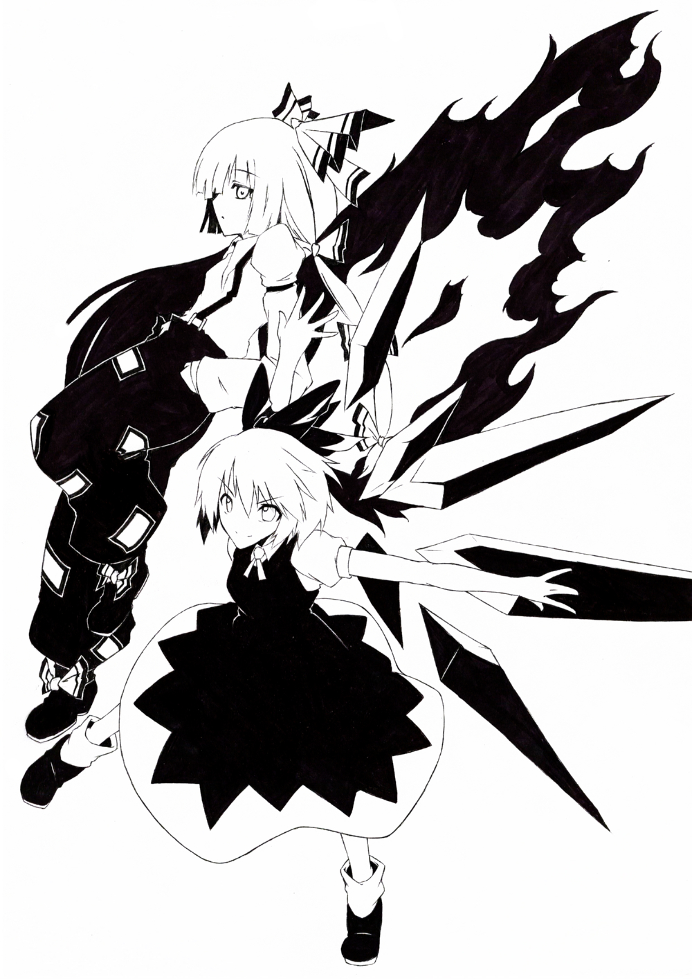 bow, cirno, fiery_wings, fire, fujiwara_no_mokou, hair_bow, highres, kaden