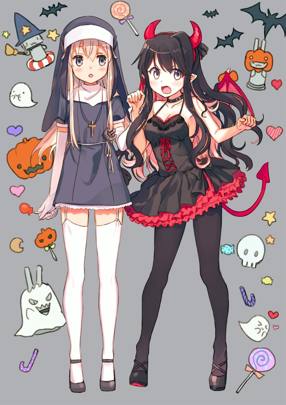 >:o, >_<, 2girls, :3, :o, alternate_costume, bare_shoulders, bat