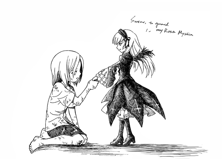 2girls, bruise, cross, doll, dress, hairband, higurashi_no_naku_koro_ni, holding_hands