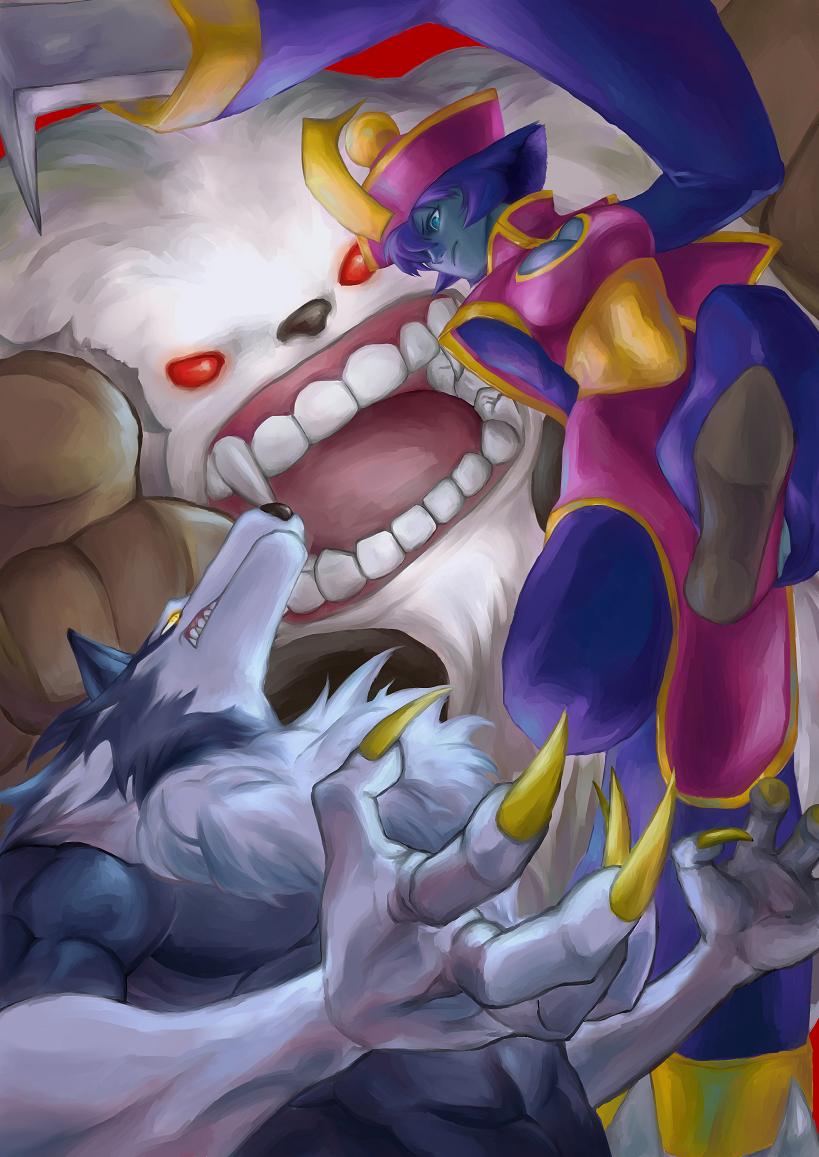 1girl, angry, battle, blue_skin, claws, creature, fur, gallon, hat, lei_lei, open_mouth, red_eyes, sasquatch_(vampire), setsura_(artist), teeth, vampire_(game), werewolf