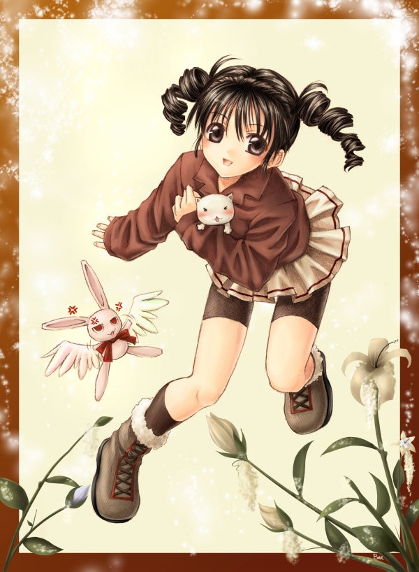 1girl, :d, barlee, bike_shorts, black_eyes, black_hair, black_legwear, boots