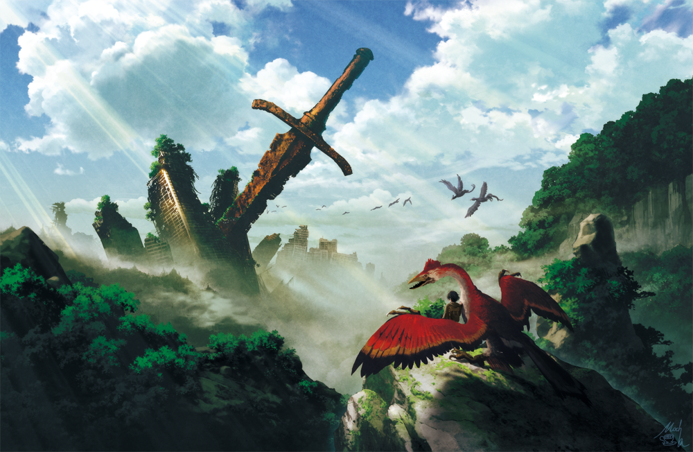 1girl, bird, building, castle, cliff, clouds, fantasy, fog