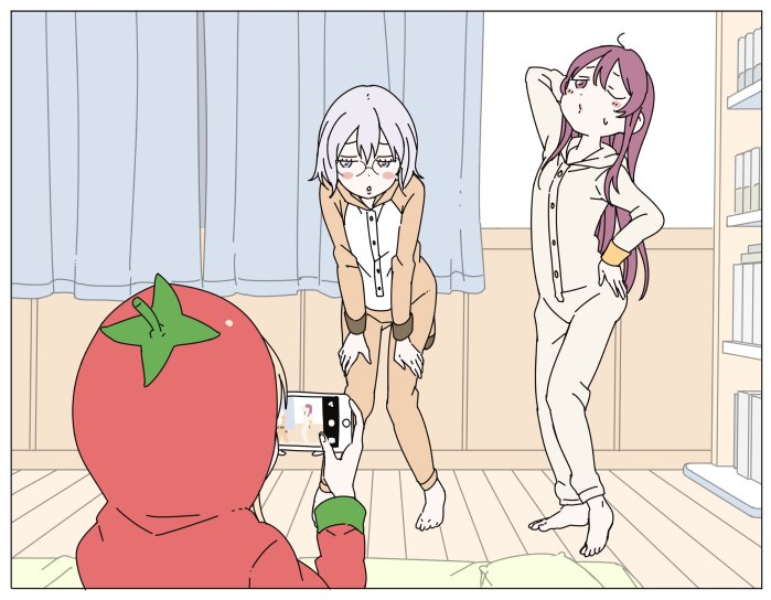 3girls, blush_stickers, buttons, camera, cellphone, glasses, grey_hair, hair_down