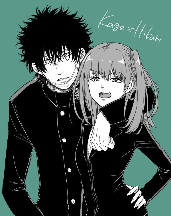 1boy, 1girl, black_hair, kageura_masato, long_hair, monochrome, nire_hikari, sharp_teeth, side_ponytail, ueno_(heartbreakman), world_trigger