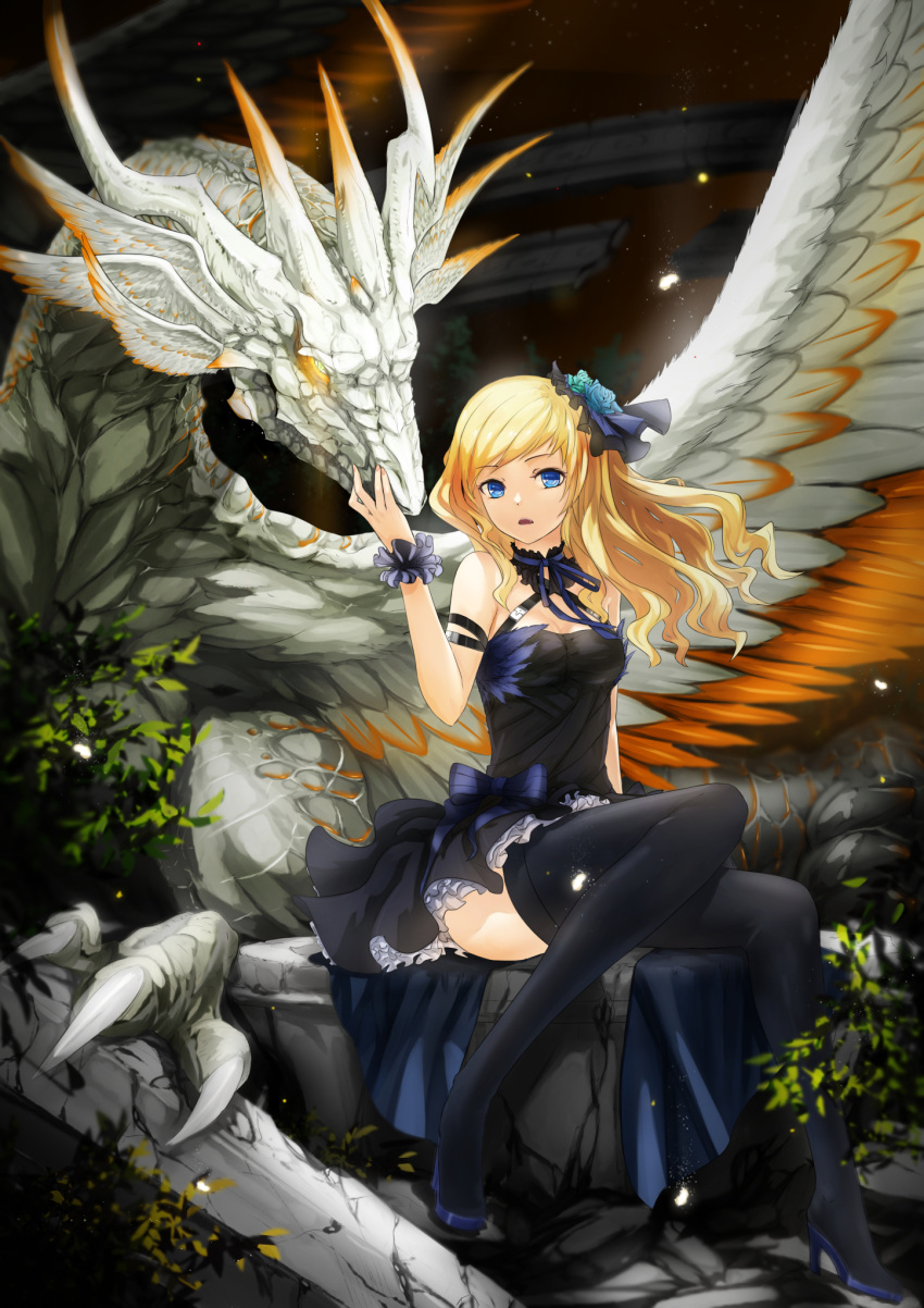 1girl, black_dress, black_legwear, blonde_hair, breasts, cleavage, dragon, dress