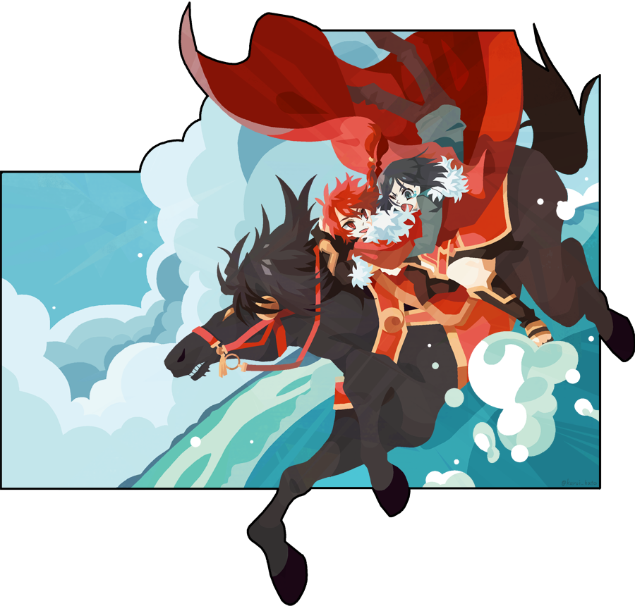 2boys, alexander_(fate/grand_order), black_hair, braid, bucephalus, cape, fate/grand_order, fate_(series), horse, kuroihato, long_hair, multiple_boys, red_eyes, redhead, riding, waver_velvet